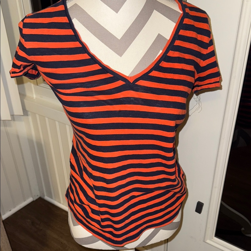 J. Crew Orange and Black Striped V-Neck Tee